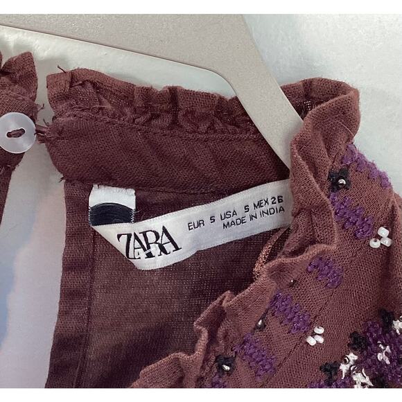 Zara Woman's Long Sleeve Beaded Embroidered Blouse Top Brown Size Small - Picture 5 of 14